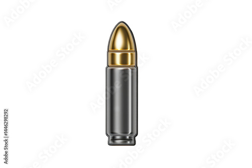 Closeup of a single golden bullet isolated on 3d gun risk metal power on transparent background