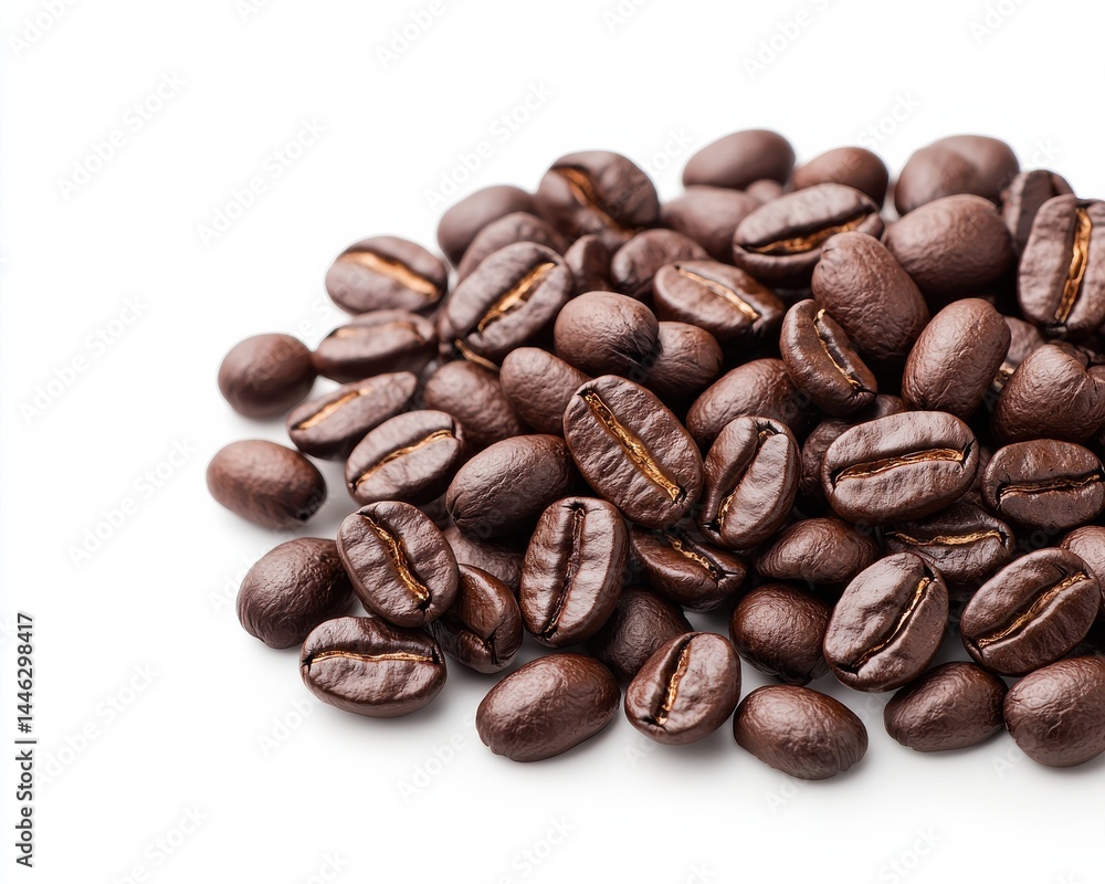 A pile of roasted coffee beans on a white background. A pile of roasted coffee beans on a white background.