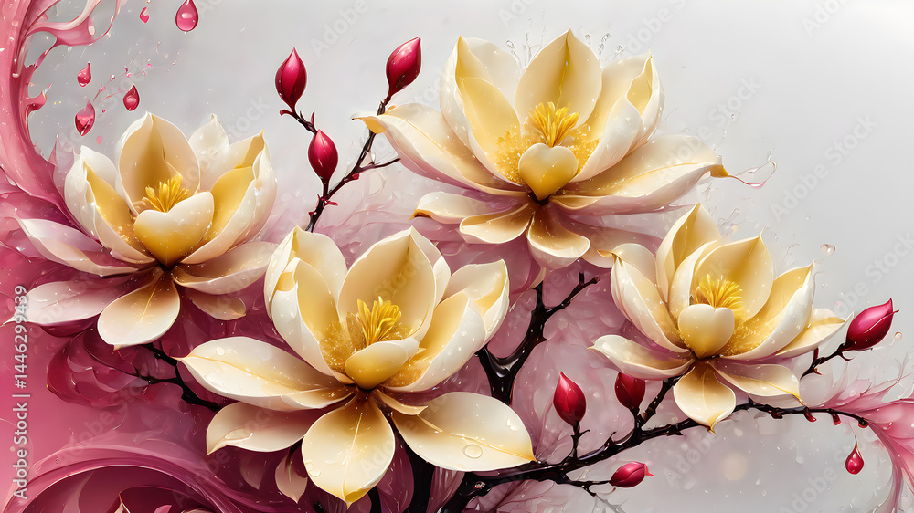 Fototapeta premium magnolia flowers with water drops on a branch during rain in the garden in spring. watercolor illustration