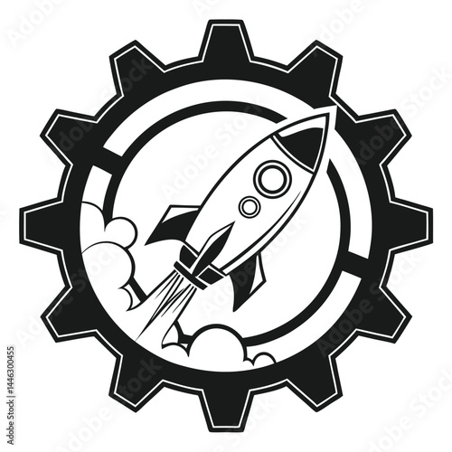 Black and White Gear with Rocket Launching and Smoke Trail on Isolated Background