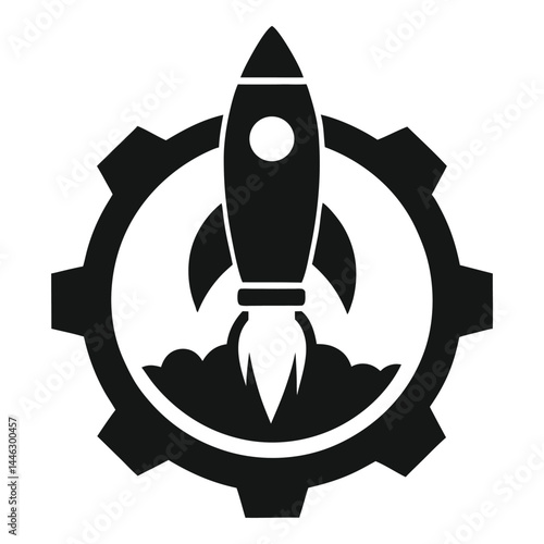 Rocket Launching in Gear Isolated Black and White Icon, Startup, Space Travel