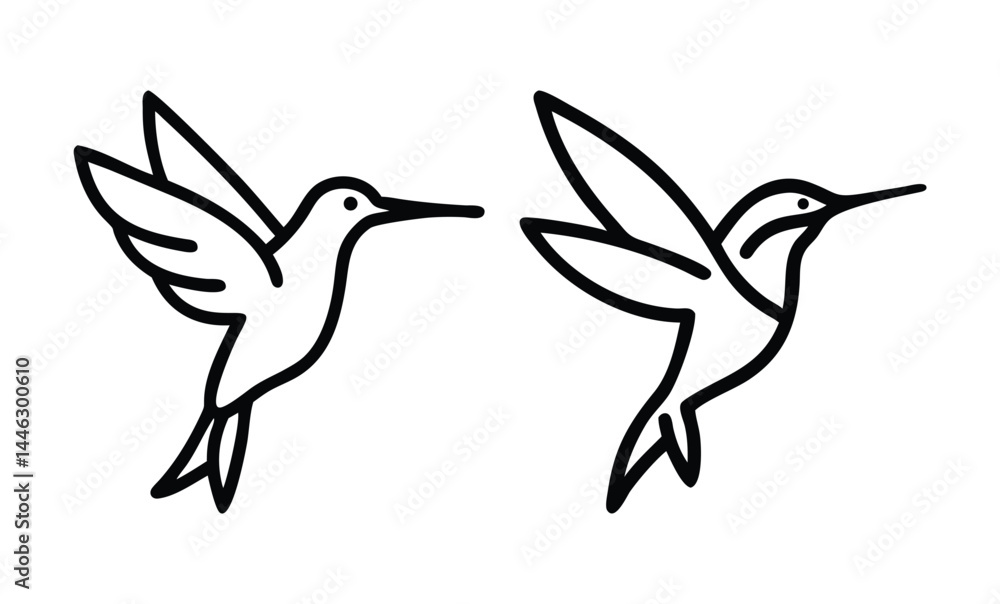 Obraz premium Vector Illustration of a Pair of Outline Hummingbird Silhouettes Featuring Elegant and Minimalist Designs for Wildlife, Nature, and Decorative Art Projects