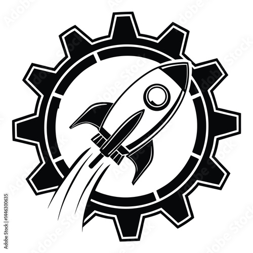 Stylized Rocket Launching Through Black and White Gear, Smoke Trail, Isolated