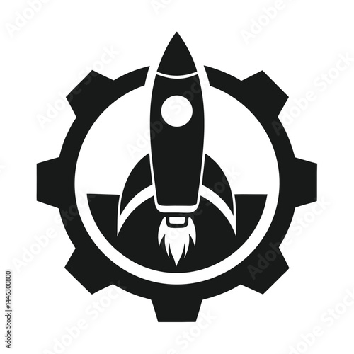 Rocket Launching Through Gear. Black and White Isolated Illustration. Simple Design