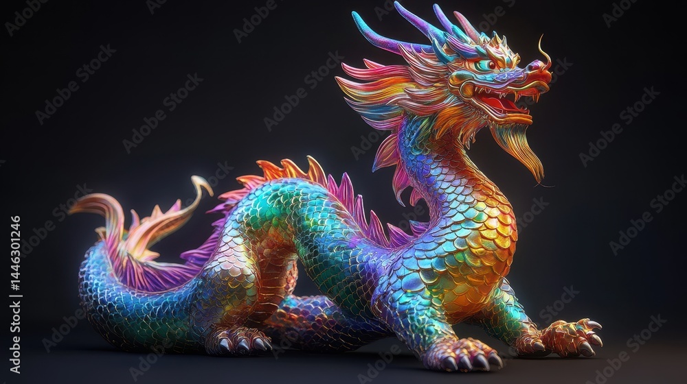 Fototapeta premium Colorful mythical chinese dragon with vibrant scales and majestic horns