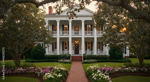 Antebellum Architecture Southern Home with Elegant Gardens in Front Yard