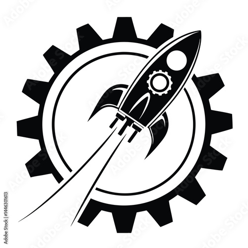 Rocket Launching Inside Gear, Smoke Trail, Simple Silhouette, Black and White, Isolated