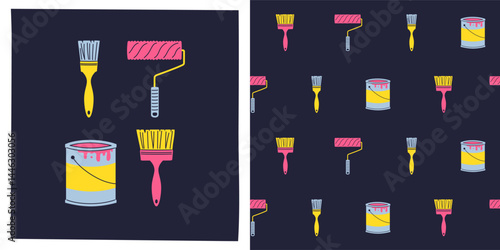 Paint brushes and roller, can of paint set and seamless pattern cartoon illustration. Painting work isolated vector wallpaper. Boundless endless background repeat work tool house repair design