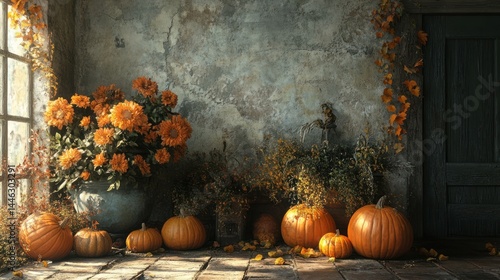 Rustic autumnal porch scene with pumpkins and sunflowers