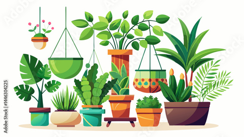 Lush potted plants displayed with balance and variety.
Minimal containers highlight vibrant green foliage.
Each pot brings character — rustic, modern, or ceramic.
Great for home decor vector scenes or