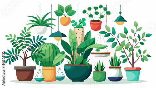 Lush potted plants displayed with balance and variety.
Minimal containers highlight vibrant green foliage.
Each pot brings character — rustic, modern, or ceramic.
Great for home decor vector scenes or