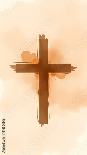 Brown christian cross on a light brown beige, mocca mousse background. Vertical, Standing image.