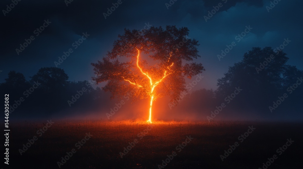 Obraz premium Glowing tree in foggy night field; mystical nature scene