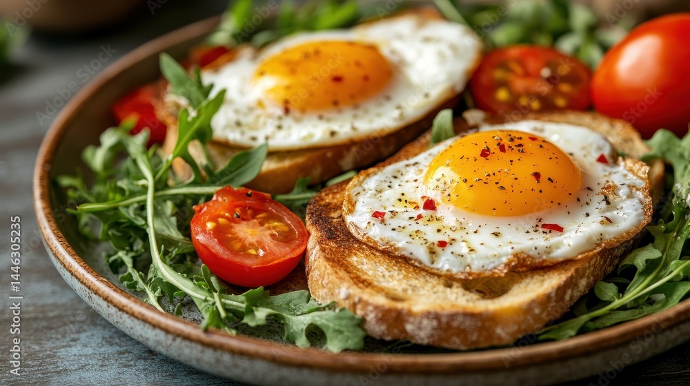 Delicious breakfast: sunny-side-up eggs on toast with fresh cherry tomatoes and arugula Delicious breakfast: sunny-side-up eggs on toast with fresh cherry tomatoes and arugula