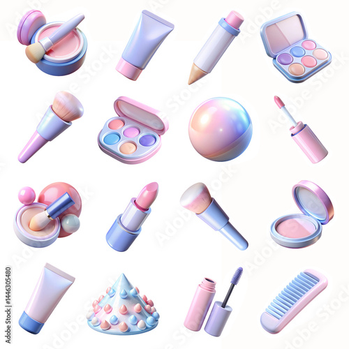 Collection of 3d style icons of make up and beauty tools, featuring eyeshadows, lipstick, comb and other items in cute pastel iridescent colors