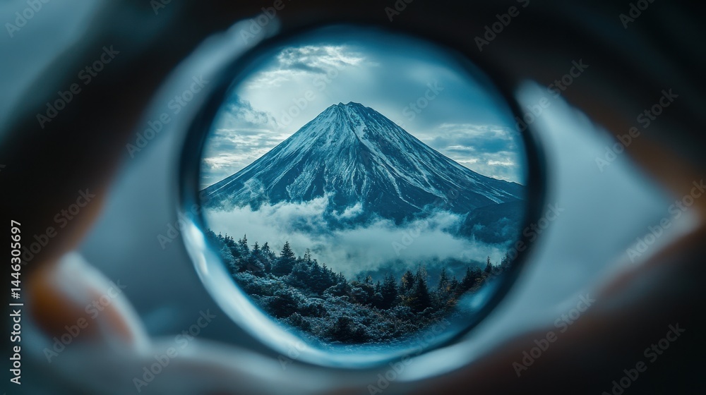 Majestic mountain through circular view with snow and clouds Majestic mountain through circular view with snow and clouds