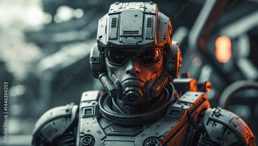 Fototapeta premium A stern soldier in advanced armor and a respirator mask looks towards the camera.