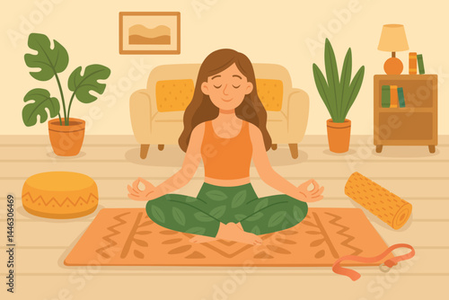 Girl doing yoga and meditating indoors on a mat with cozy home interior elements.