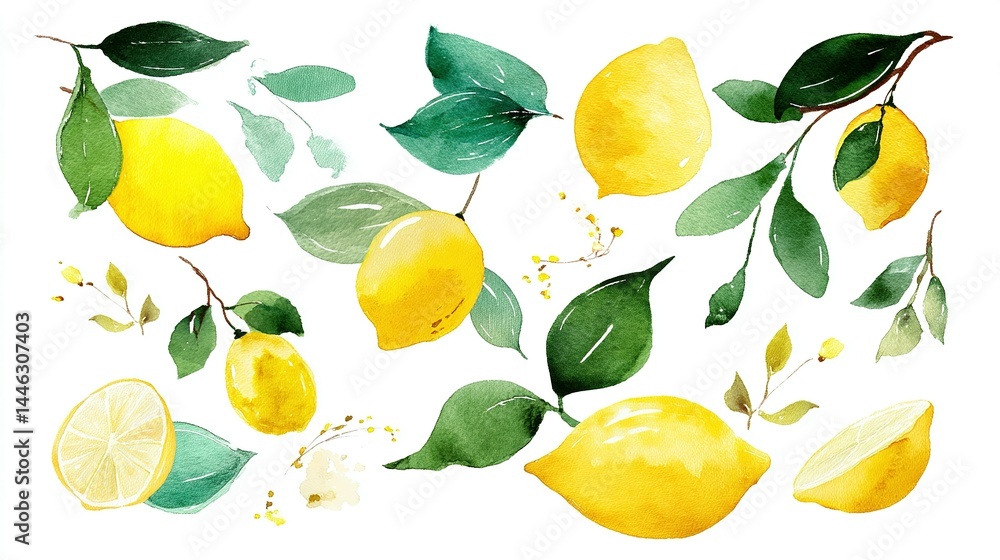 Colorful lemon and leaf design art on white background. Colorful lemon and leaf design art on white background.