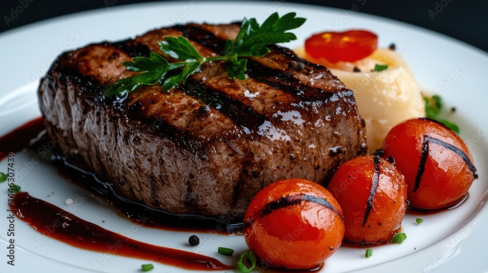 A plate of steak with a side of tomatoes and parsley. The steak is cooked medium rare and is accompanied by a side of mashed potatoes. The presentation is elegant and appetizing, with the steak A plate of steak with a side of tomatoes and parsley. The steak is cooked medium rare and is accompanied by a side of mashed potatoes. The presentation is elegant and appetizing, with the steak