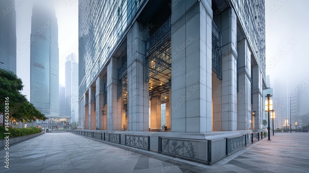 Modern building exterior with columns and a street in a city setting. Modern building exterior with columns and a street in a city setting.