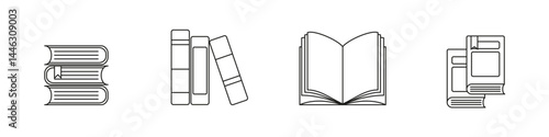 Set of minimalist line-style book icons including open, stacked, and shelved books, ideal for educational, literary, or academic projects.

