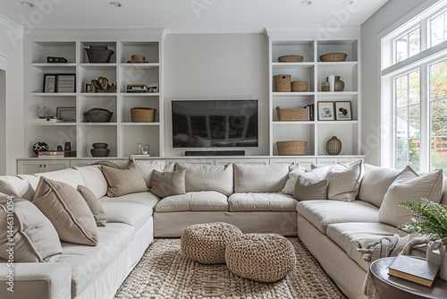 Inviting transitional family room featuring the cozy sectional sofa, stylish built in entertainment center, and the harmonious blend of textures for the warm and welcoming atmosphere  
