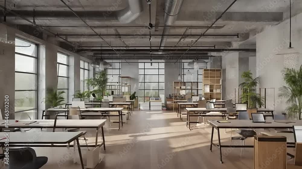Sunlit modern office with high ceilings, exposed pipes, large windows, and minimalist workstations Sunlit modern office with high ceilings, exposed pipes, large windows, and minimalist workstations