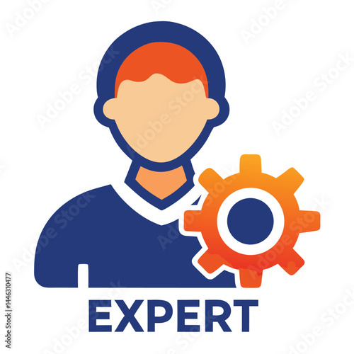 Professional Man Silhouette Holding Gear, Blue Outfit, Orange Hair, Modern Style Icon
