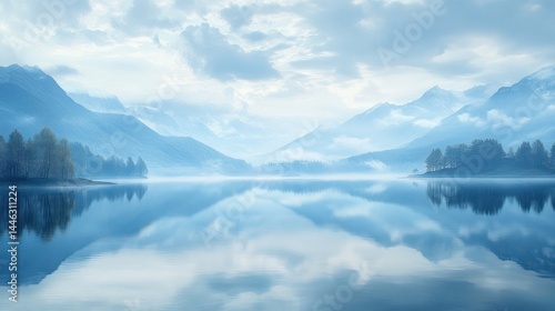 Serene mountain lake landscape, misty morning