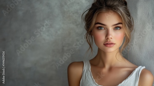 Young caucasian female with blue eyes leaning against textured wall