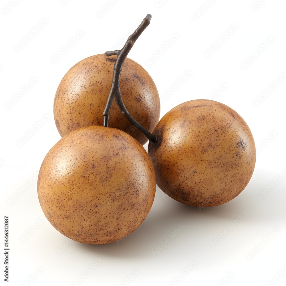 Three ripe and organically grown lanzones fruits on a small twig are perfectly arranged on a plain white background. Three ripe and organically grown lanzones fruits on a small twig are perfectly arranged on a plain white background.
