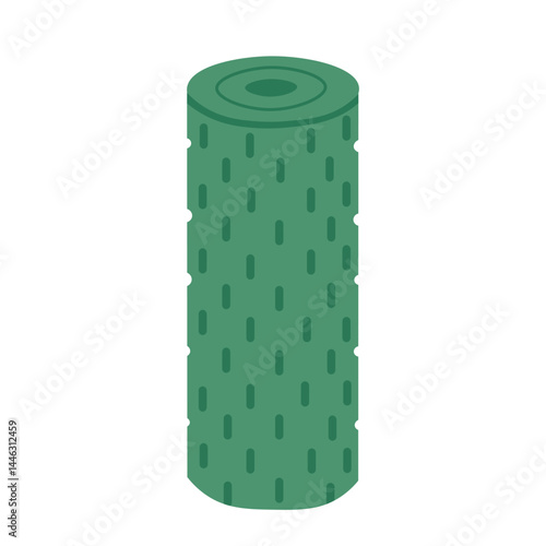 Flat cartoon foam roller for yoga and stretching. Green cylindrical tool for balance, massage and posture.