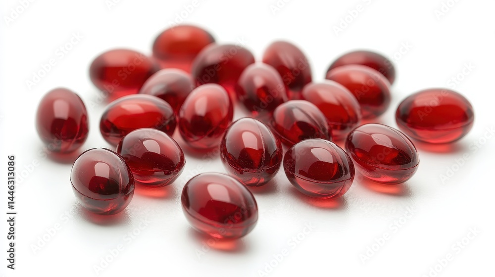 Red gel capsules on white background displaying glossy finish Red gel capsules on white background displaying glossy finish