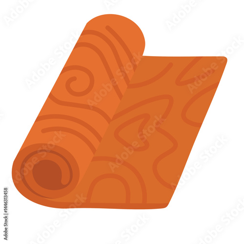 Flat cartoon yoga mat with decorative swirl pattern. Rolled fitness surface for stretching, balance and training.