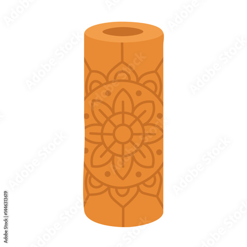 Flat cartoon foam roller with mandala ornament. Decorative yoga tool for stretching, posture and body relaxation.
