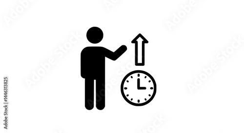 Man pointing at clock, black and white icon.