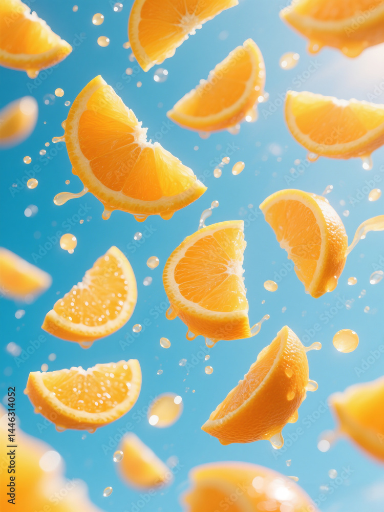 Fototapeta premium Floating orange slices splash in sunlight against a clear blue sky during a warm summer day