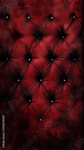 Closeup of a luxurious red leather couch with black buttons