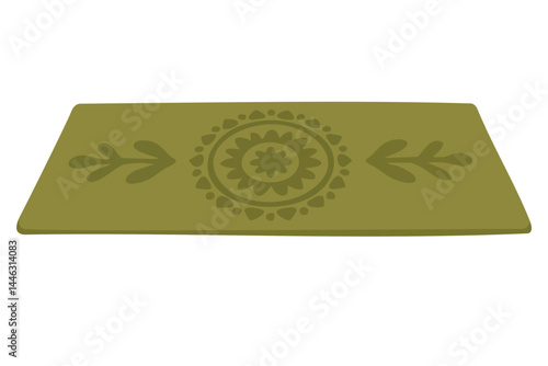 Flat green yoga mat with floral mandala and leaf ornament. Symbol of harmony and balance.