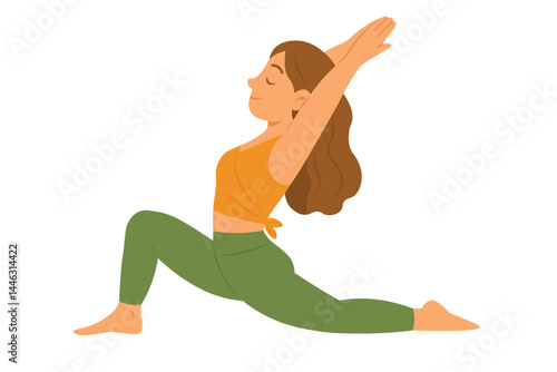 Young woman in orange top and green leggings performing yoga lunge pose with arms raised overhead.