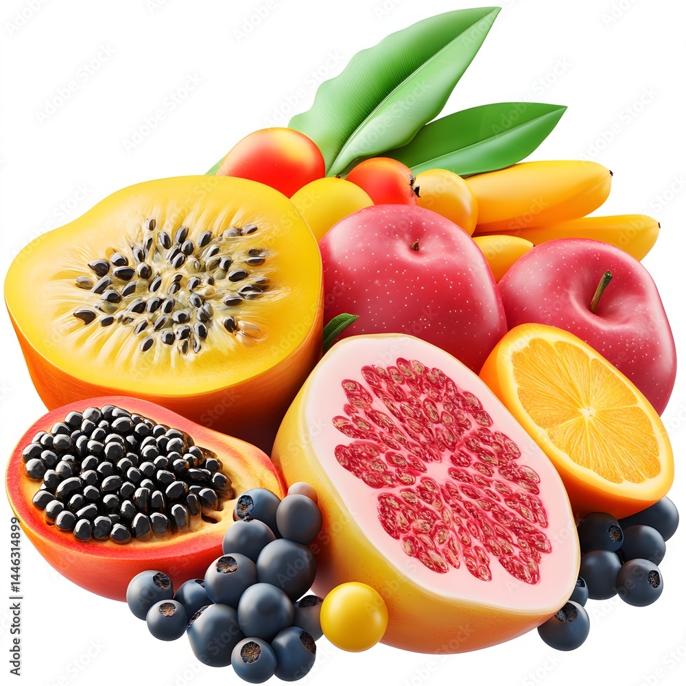 A vibrant collection of fresh tropical and temperate fruits including papaya, s, oranges, grapefruit, blueberries and exotic fruits. A vibrant collection of fresh tropical and temperate fruits including papaya, s, oranges, grapefruit, blueberries and exotic fruits.