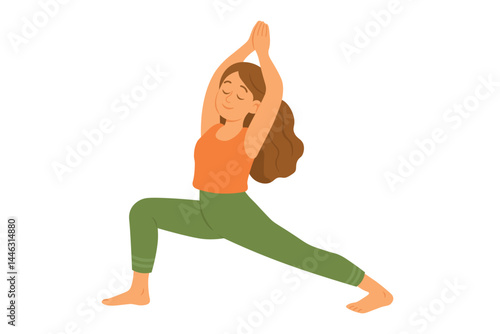 Young woman practicing warrior yoga pose with closed eyes, wearing green leggings and orange top.