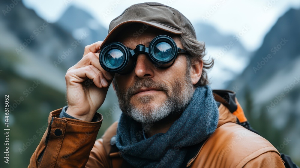 A man with binoculars exploring the mountains dressed warmly for adventure in nature A man with binoculars exploring the mountains dressed warmly for adventure in nature