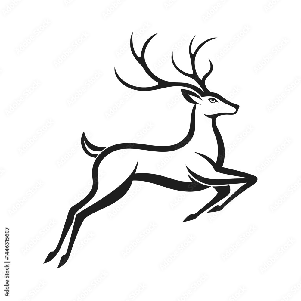 Obraz premium Elegant Leaping Stag Silhouette with Large Antlers in Black and White Design Style