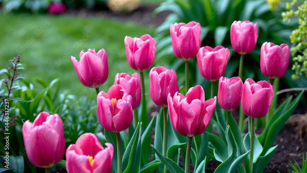 A collection of pink tulips in a garden setting, displaying long green leaves and encircled by grass and additional plants. A collection of pink tulips in a garden setting, displaying long green leaves and encircled by grass and additional plants.