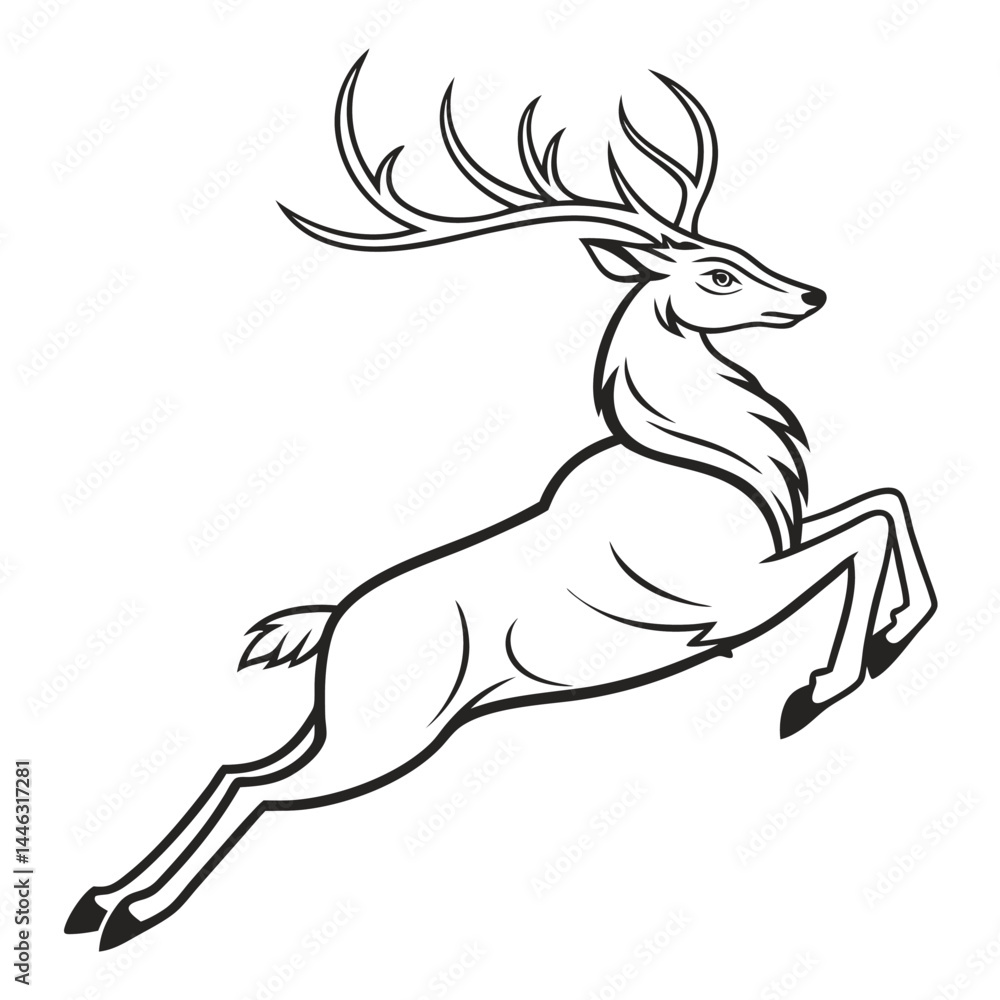 Fototapeta premium Line Art of Jumping Deer with Antlers, Silhouette Buck Outline on White Background