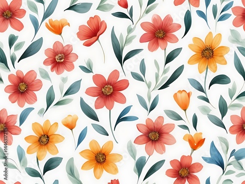 Wallpaper Mural Watercolor Hand-Painted Seamless Flower Pattern Background with Fall Leaves - Colorful Floral Design Torontodigital.ca
