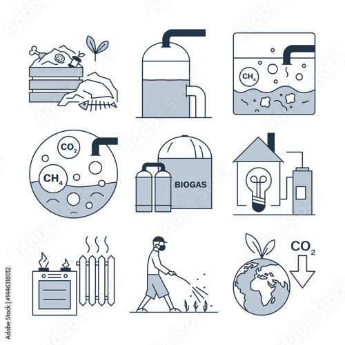Biogas generation stages, vector icon set