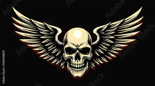 Biker vector t-shirt design with human skull and wings on black background. Fashionable print for fabric, paper, men clothing,
hoodie, biker jacket. T shirt, tattoo template.